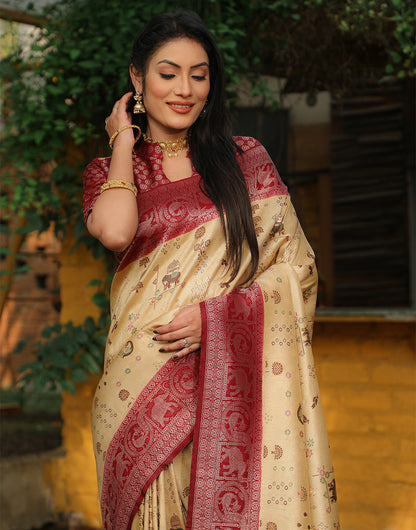 Cream & Maroon Kanjivaram Silk Saree With Weaving Work