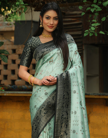 Black & Mint Green Kanjivaram Silk Saree With Weaving Work