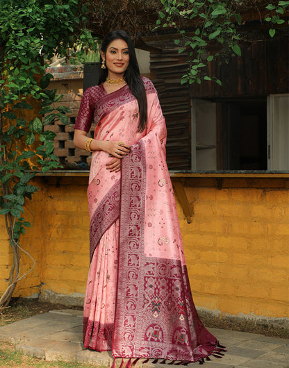 Dark Maroon & Pink Kanjivaram Silk Saree With Weaving Work