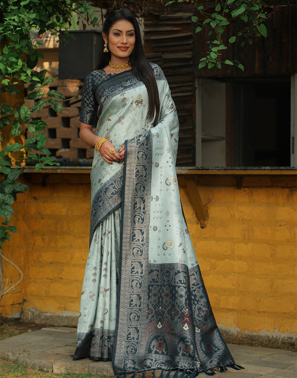 Baby Blue & Dark Grey Kanjivaram Silk Saree With Weaving Work