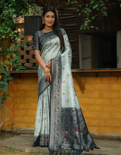 Baby Blue & Dark Grey Kanjivaram Silk Saree With Weaving Work