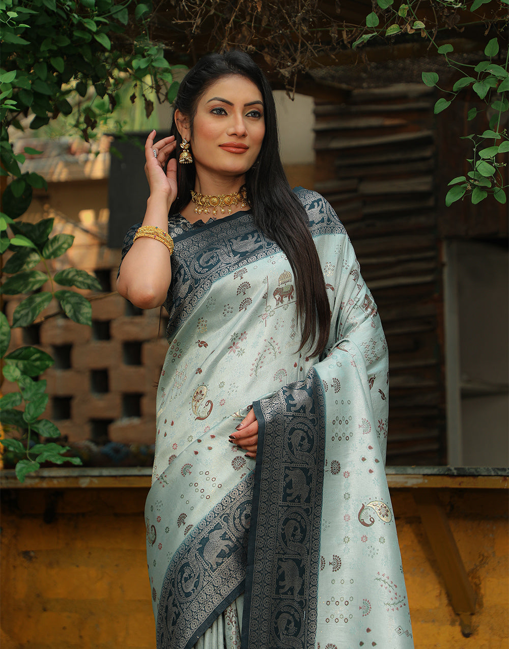 Baby Blue & Dark Grey Kanjivaram Silk Saree With Weaving Work