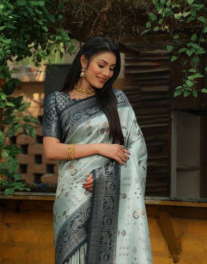 Baby Blue & Dark Grey Kanjivaram Silk Saree With Weaving Work