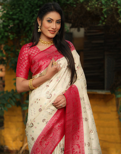 Pink & White Kanjivaram Silk Saree With Weaving Work