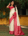 Pink & White Kanjivaram Silk Saree With Weaving Work