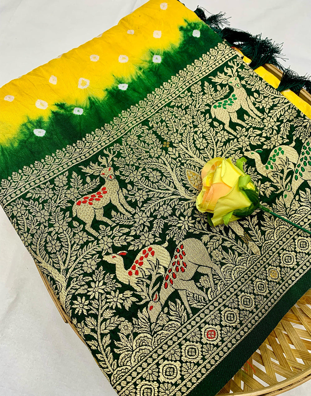Green & Yellow Hand Bandhej Bandhani Saree With Zari Weaving Work