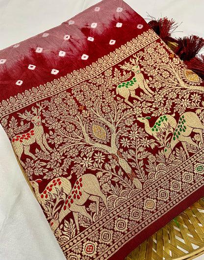 Maroon & Softberry Pink Hand Bandhej Bandhani Saree With Zari Weaving Work