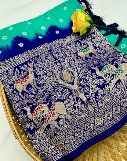 Navy blue & Green Hand Bandhej Bandhani Saree With Zari Weaving Work