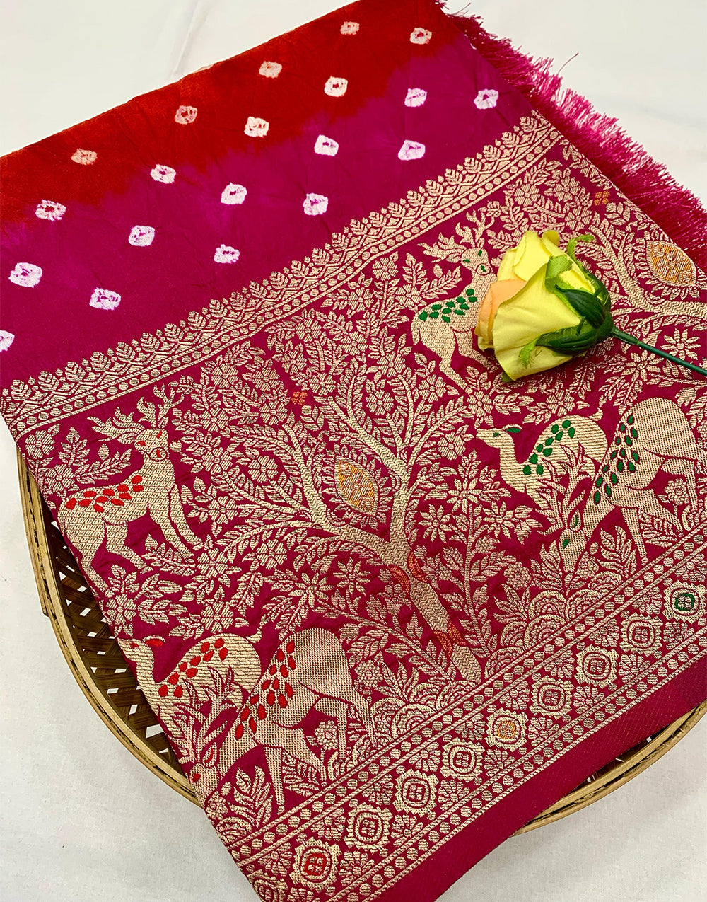 Dark Pink & Red Hand Bandhej Bandhani Saree With Zari Weaving Work