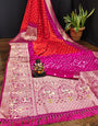 Dark Pink & Red Hand Bandhej Bandhani Saree With Zari Weaving Work