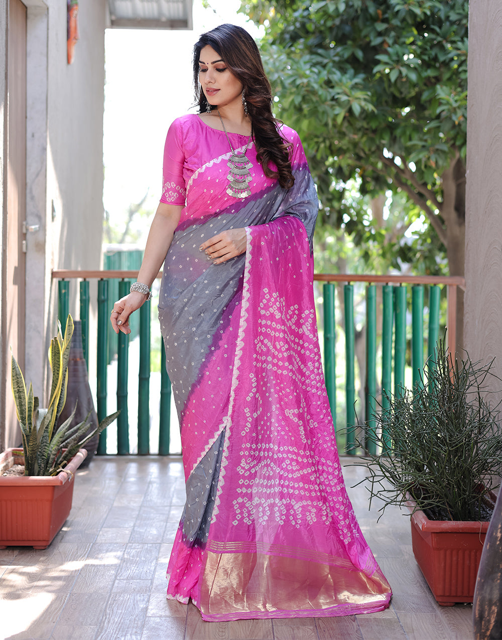 Fuschia Pink & Grey Hand Bandhej Bandhani Saree With Zari Weaving Work