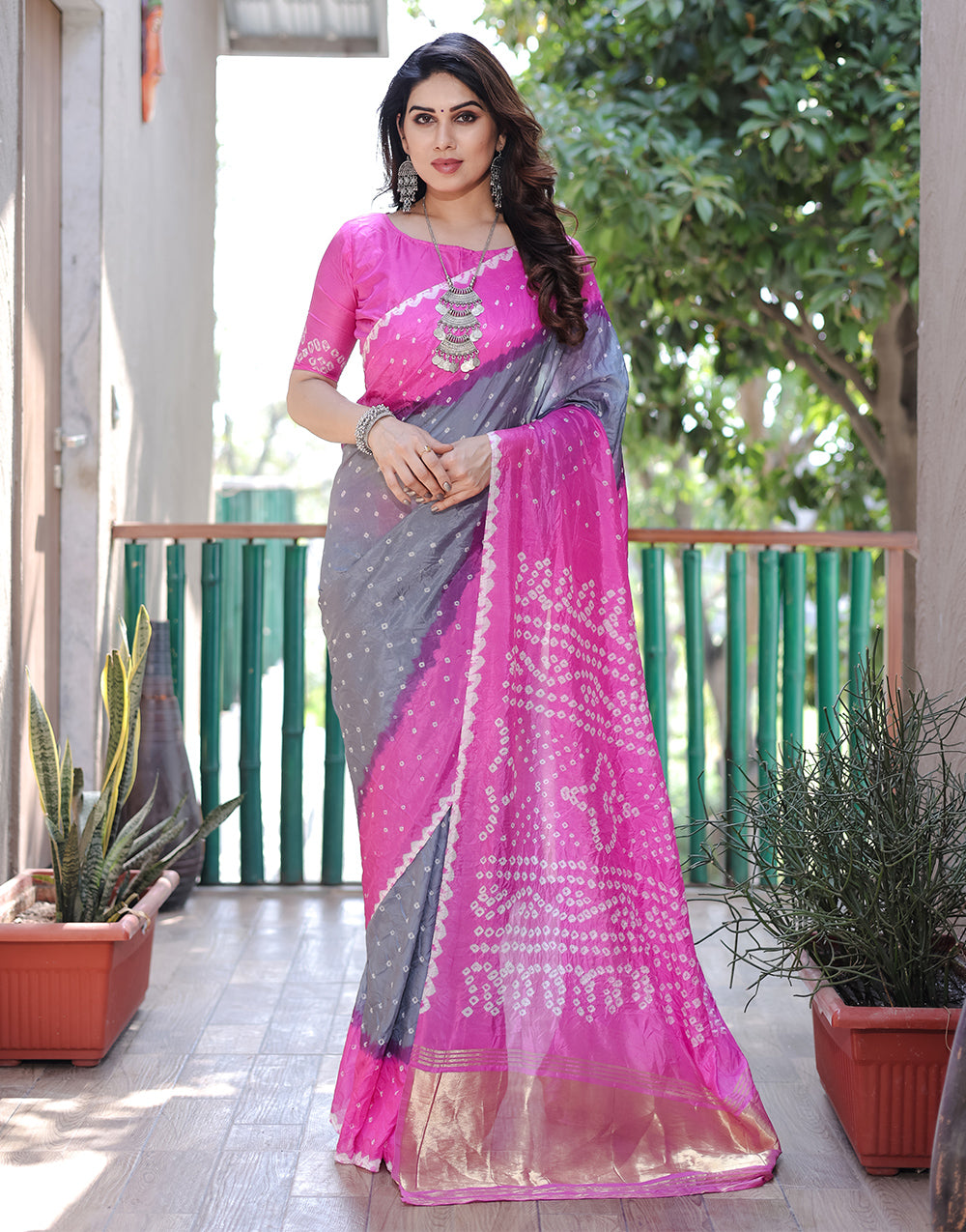 Fuschia Pink & Grey Hand Bandhej Bandhani Saree With Zari Weaving Work