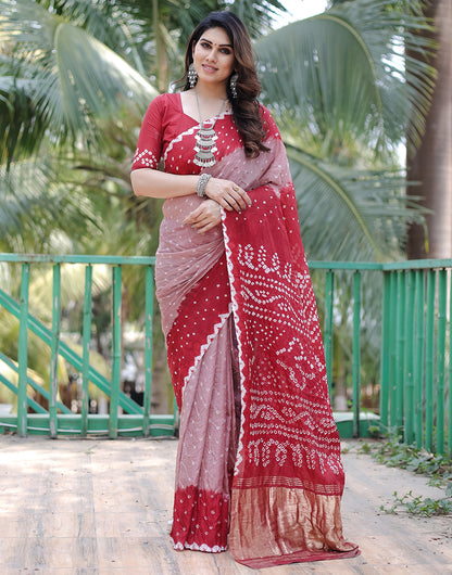 Dark Red & Flamingo Pink Hand Bandhej Bandhani Saree with Zari Weaving Work