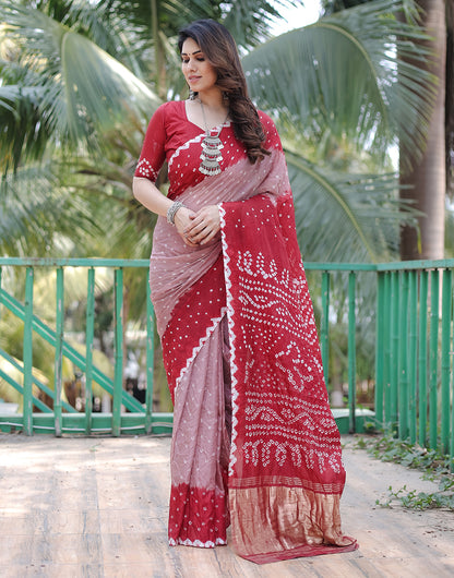 Dark Red & Flamingo Pink Hand Bandhej Bandhani Saree with Zari Weaving Work