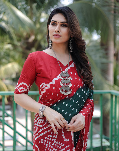 Red & Dark Green Hand Bandhej Bandhani Saree With Zari Weaving Work