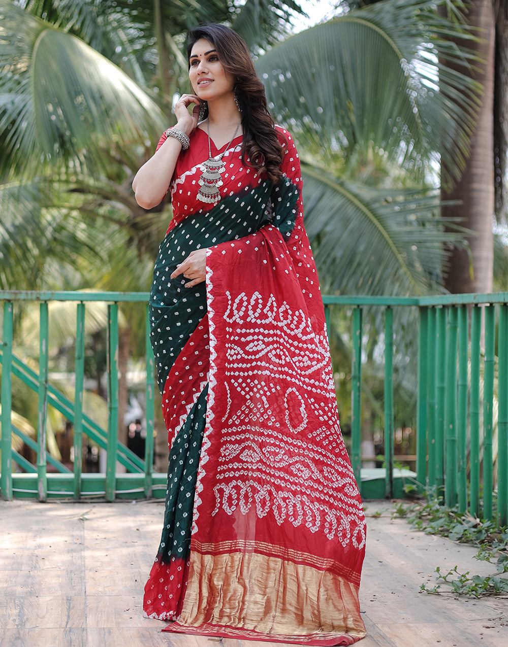 Red & Dark Green Hand Bandhej Bandhani Saree With Zari Weaving Work