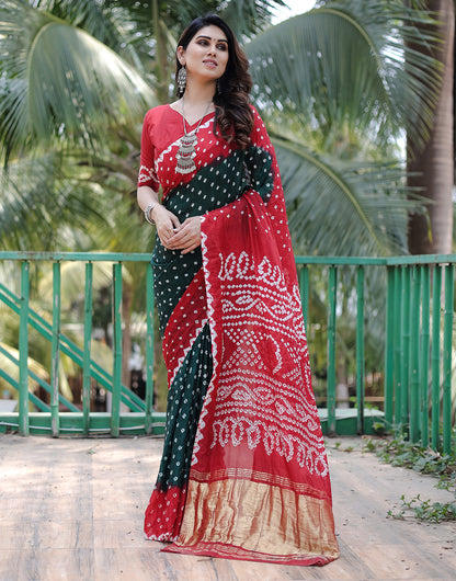 Red & Dark Green Hand Bandhej Bandhani Saree With Zari Weaving Work