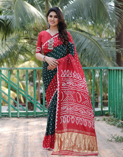 Red & Dark Green Hand Bandhej Bandhani Saree With Zari Weaving Work