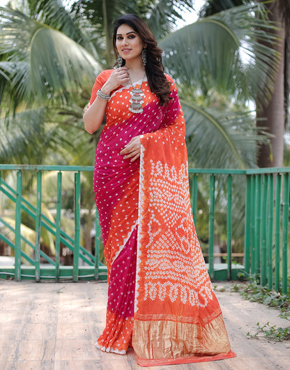 Orange & Ruby Pink Hand Bandhej Bandhani Saree with Zari Weaving Work