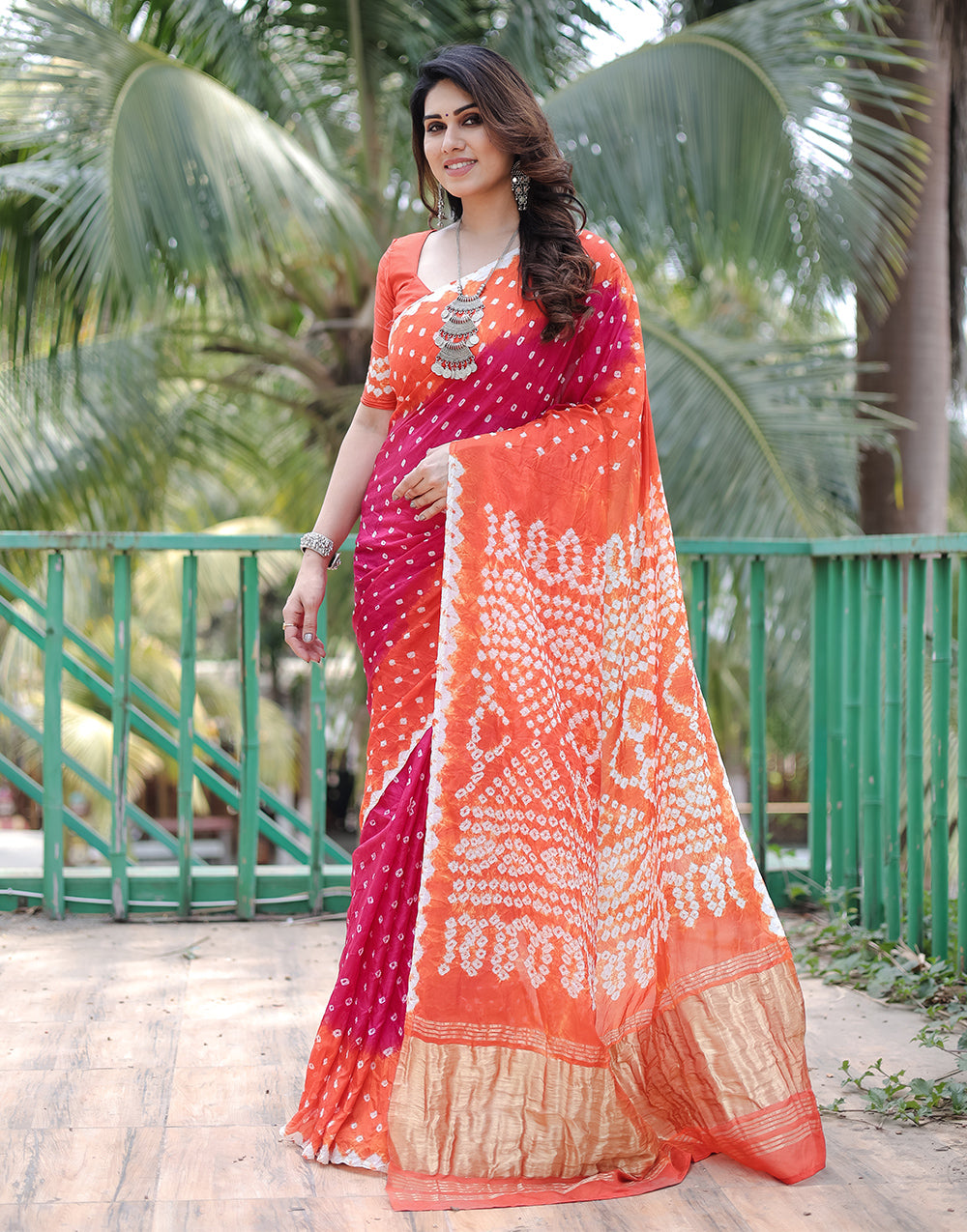 Orange & Ruby Pink Hand Bandhej Bandhani Saree with Zari Weaving Work