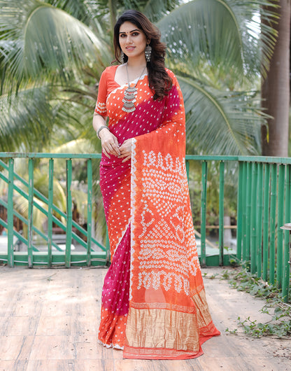 Orange & Ruby Pink Hand Bandhej Bandhani Saree with Zari Weaving Work