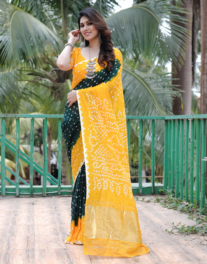 Yellow & Green Pink Hand Bandhej Bandhani Saree With Zari Weaving Work