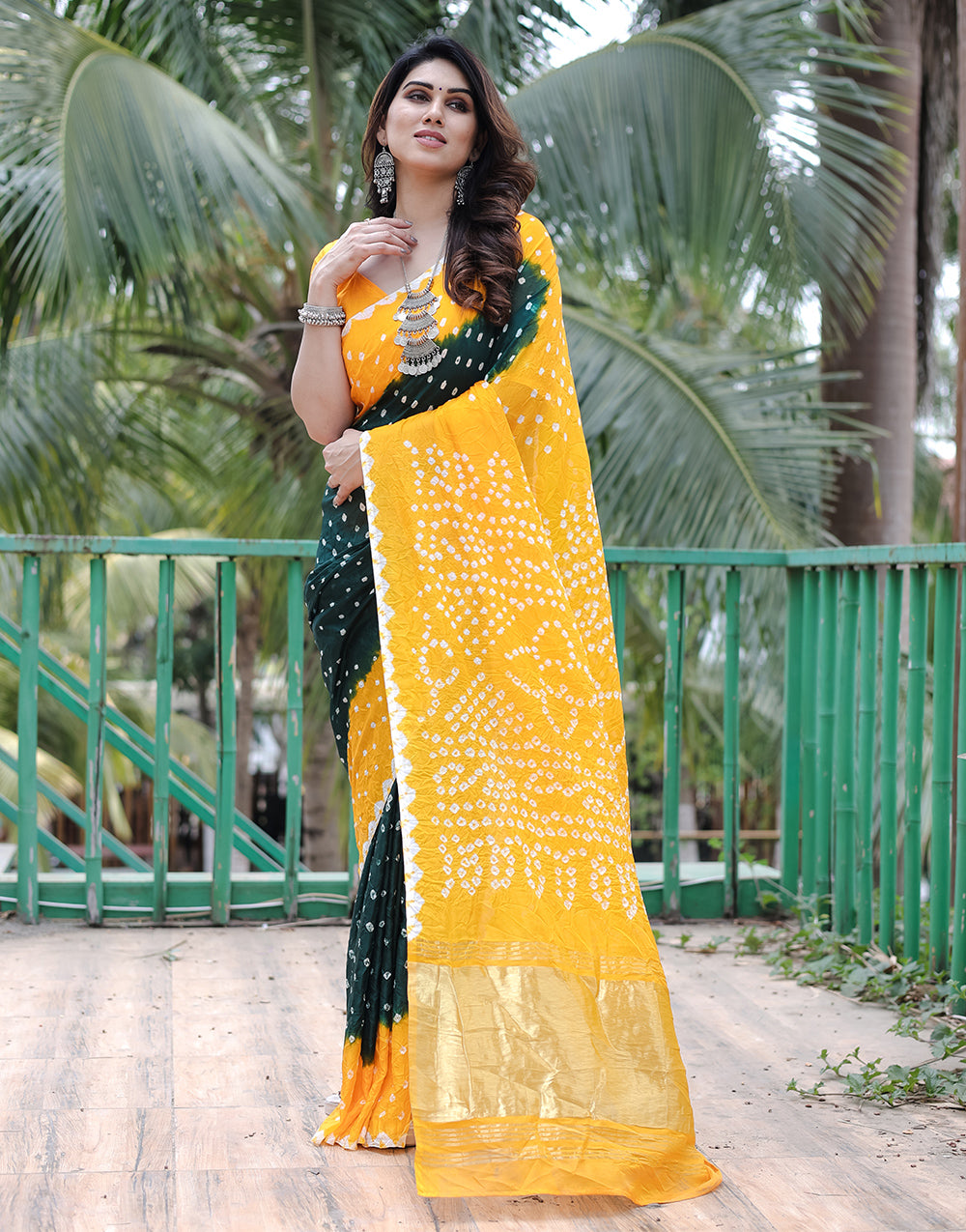 Yellow & Green Pink Hand Bandhej Bandhani Saree With Zari Weaving Work