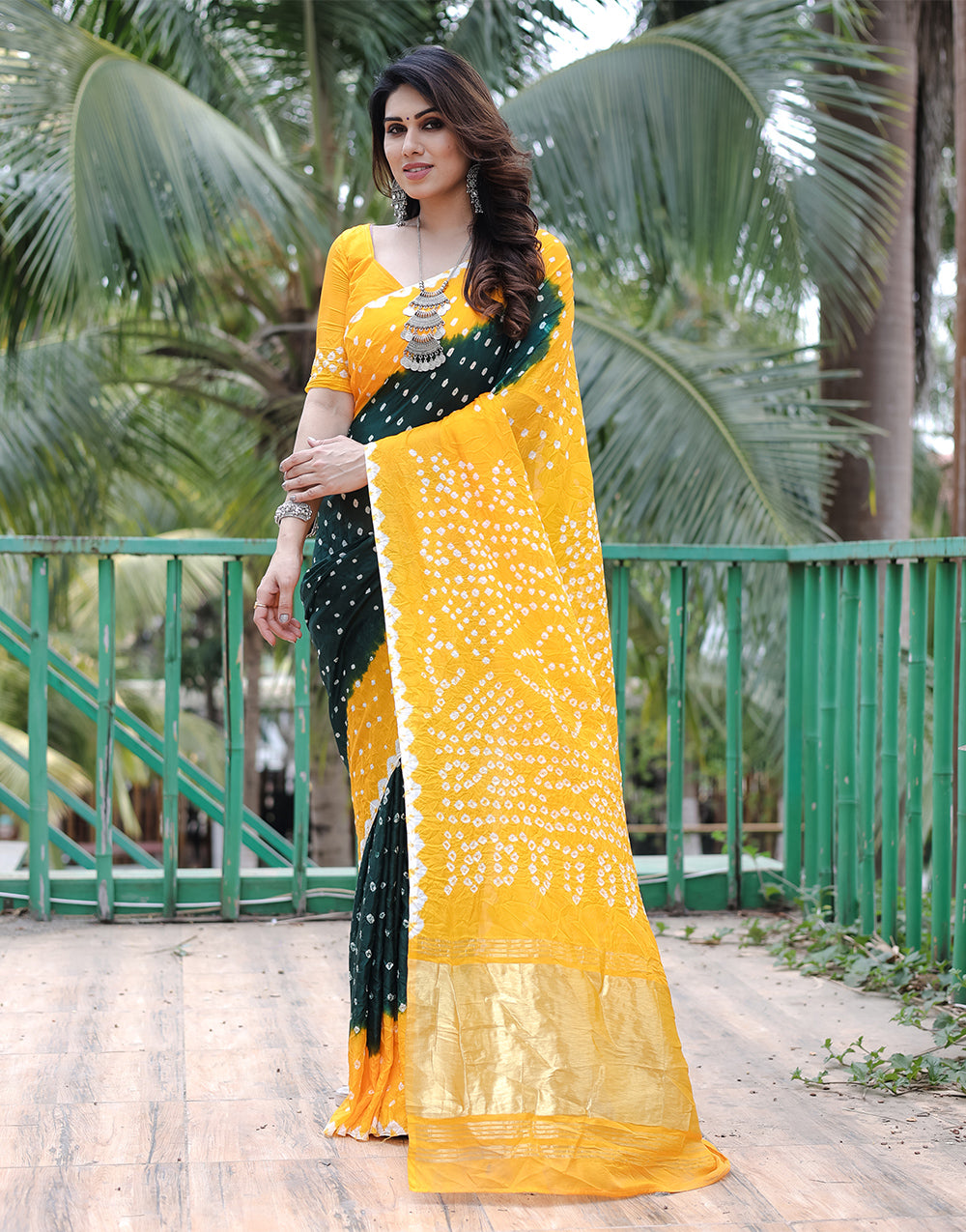 Yellow & Green Pink Hand Bandhej Bandhani Saree With Zari Weaving Work