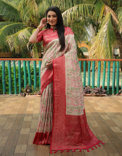 Beige & Red Kanjivaram Silk Saree With Weaving Work