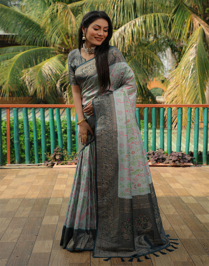 Dark Grey Kanjivaram Silk Saree With Weaving Work