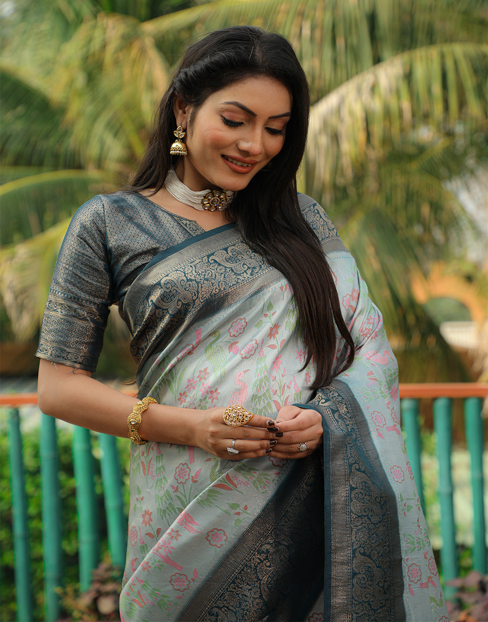 Dark Grey Kanjivaram Silk Saree With Weaving Work