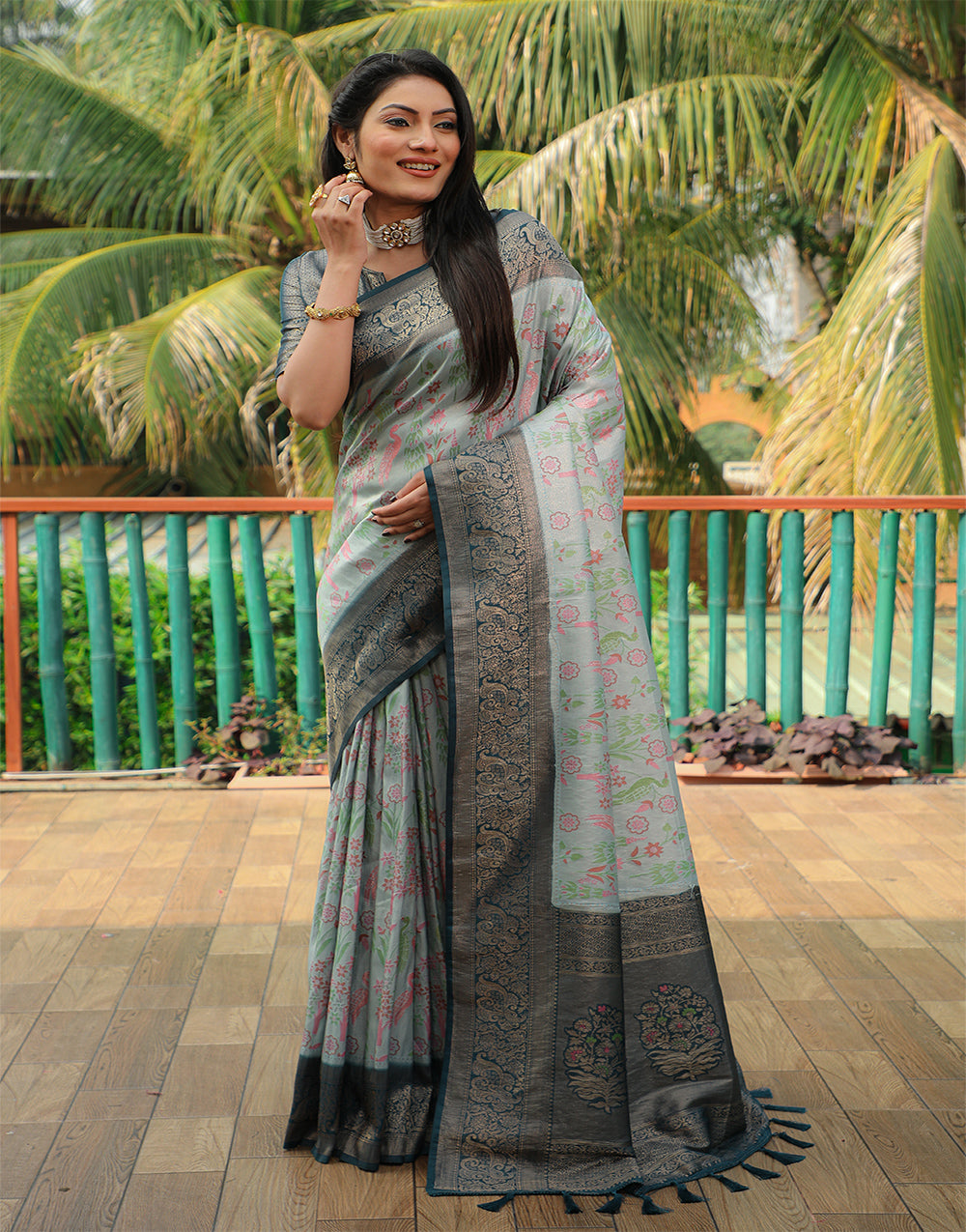 Dark Grey Kanjivaram Silk Saree With Weaving Work