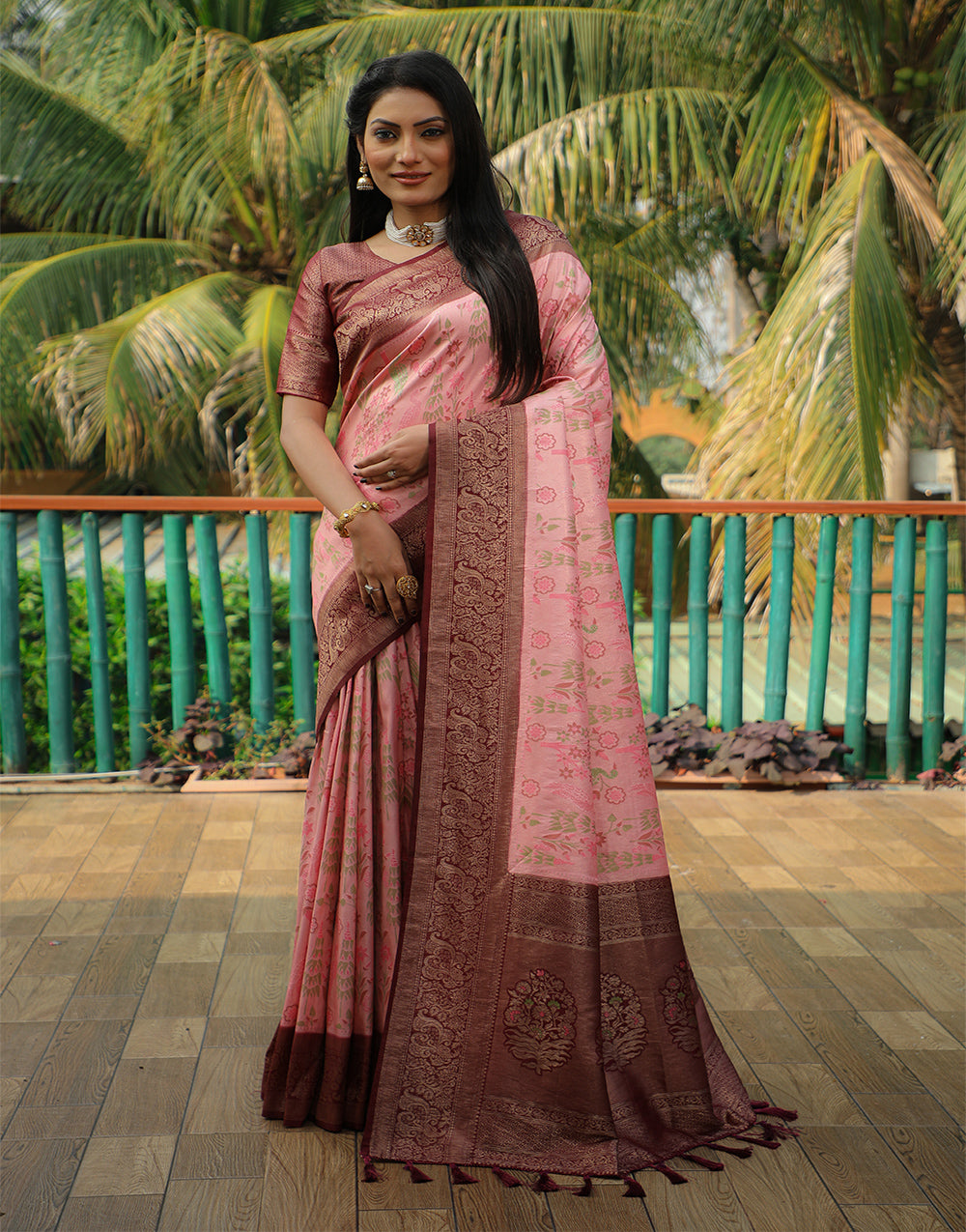 Dark Maroon Kanjivaram Silk Saree With Weaving Work