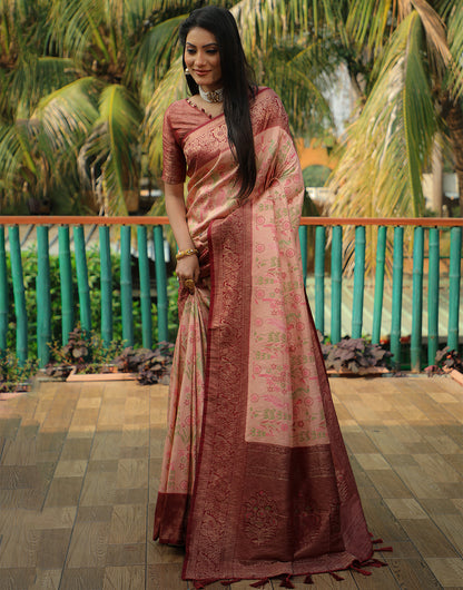 Creamy Peach Kanjivaram Silk Saree With Weaving Work