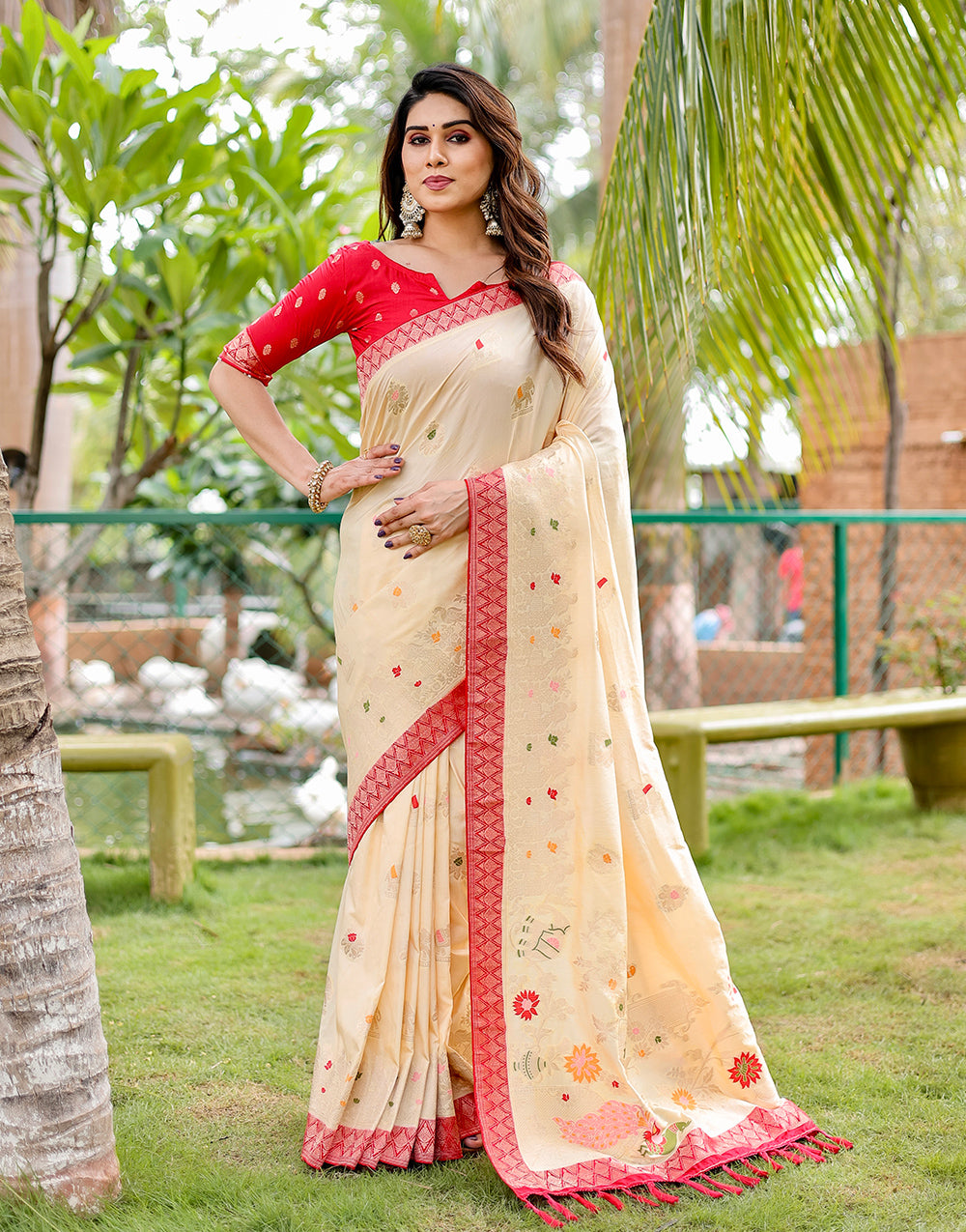 Cream Dola Silk Saree With Weaving Work