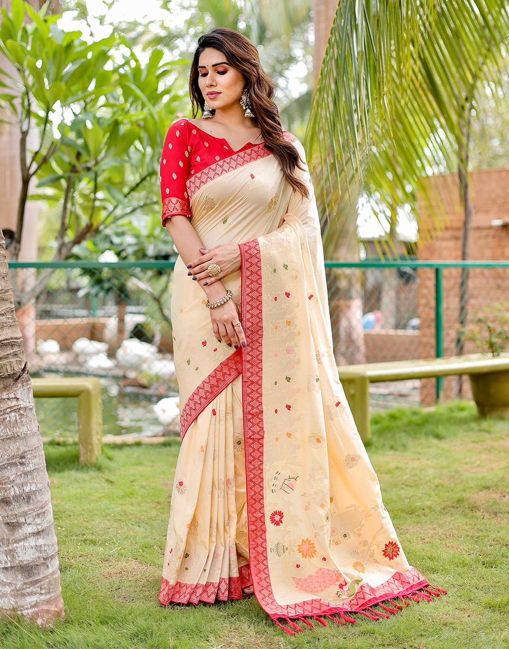 Cream Dola Silk Saree With Weaving Work