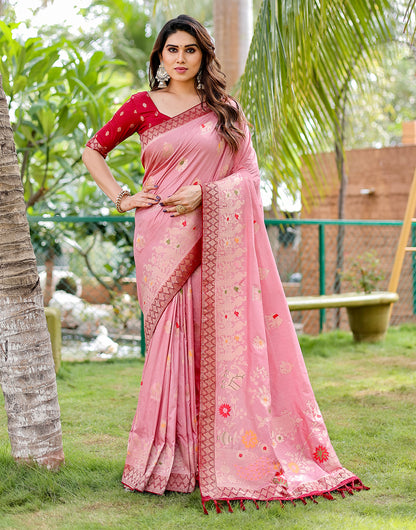 Light Pink Dola Silk Saree With Weaving Work