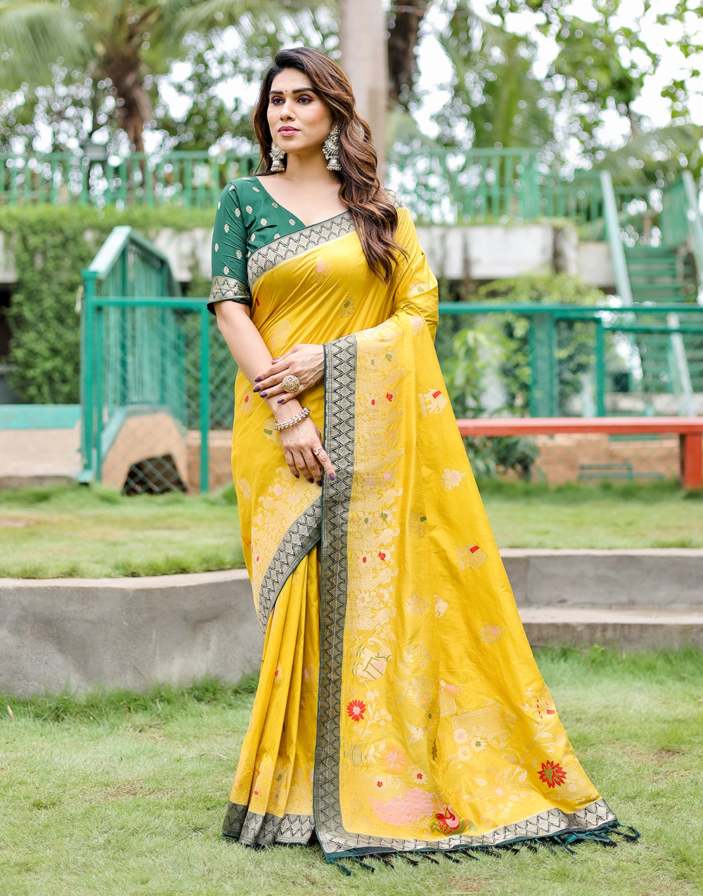 Yellow Dola Silk Saree With Weaving Work