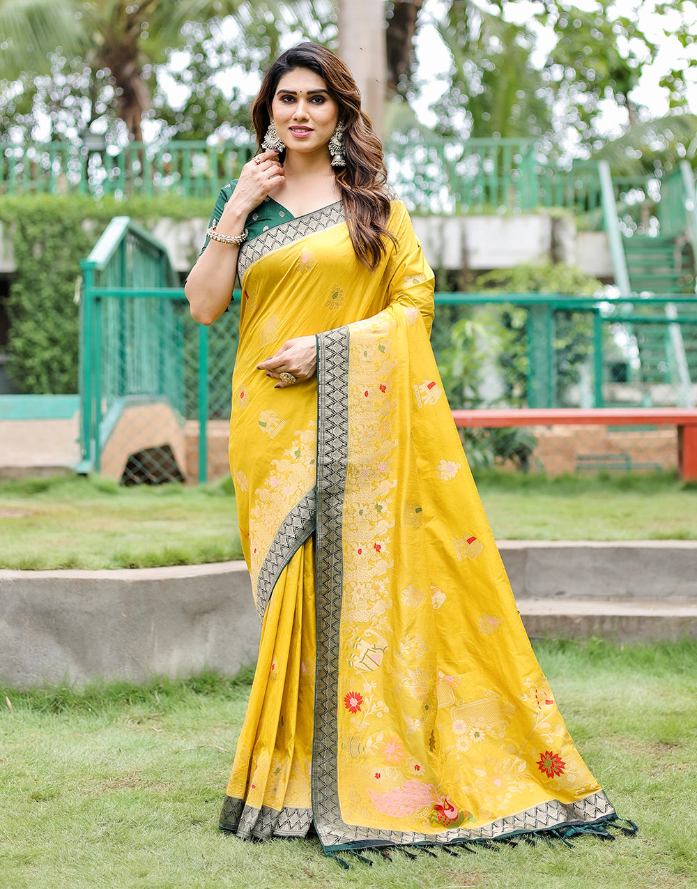 Yellow Dola Silk Saree With Weaving Work