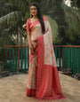 Cream & Punch Pink Kanjivaram Soft Silk Saree With Weaving Work