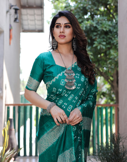 Teal Green Hand Bandhej Bandhani Saree With Zari Weaving Work