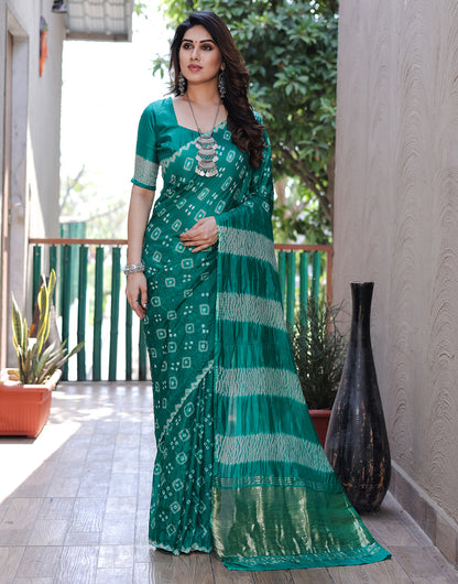 Teal Green Hand Bandhej Bandhani Saree With Zari Weaving Work