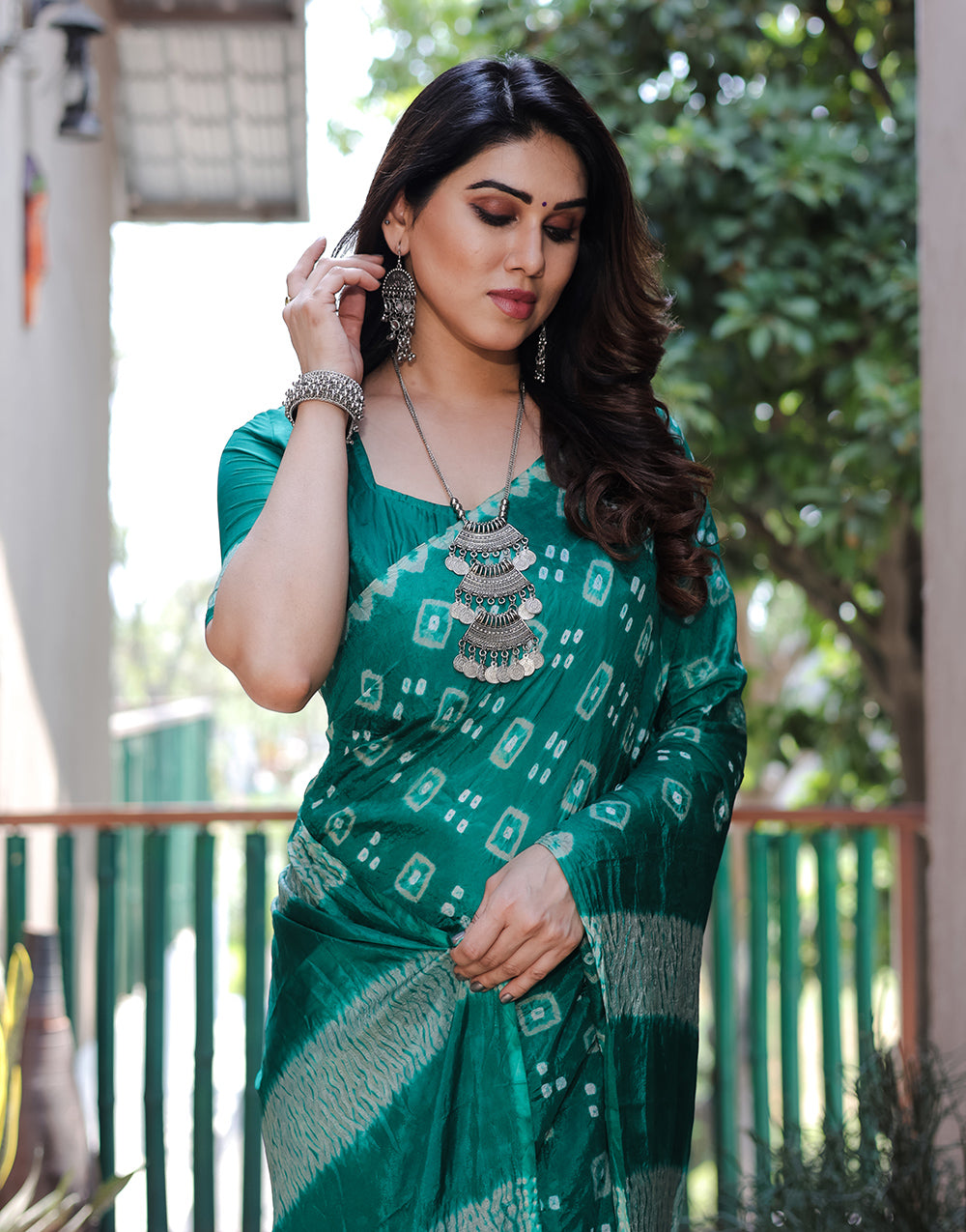 Teal Green Hand Bandhej Bandhani Saree With Zari Weaving Work