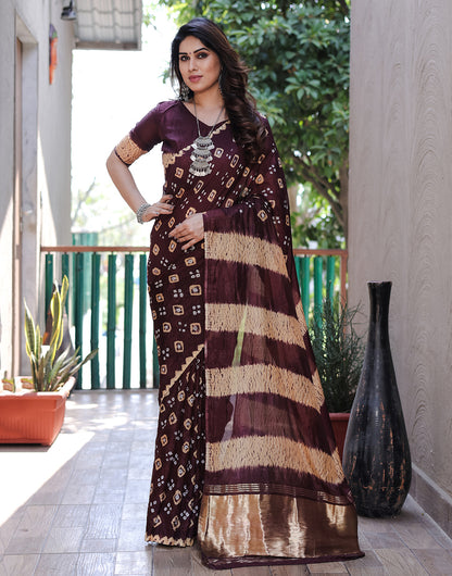 Dark Brown Hand Bandhej Bandhani Saree With Zari Weaving Work