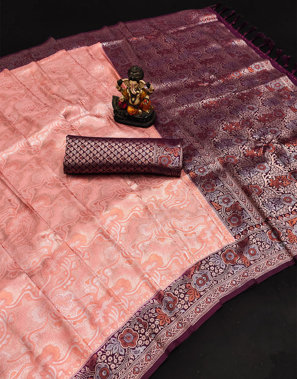 Peach Orange Kanjivaram Silk Saree With Zari  Weaving Work