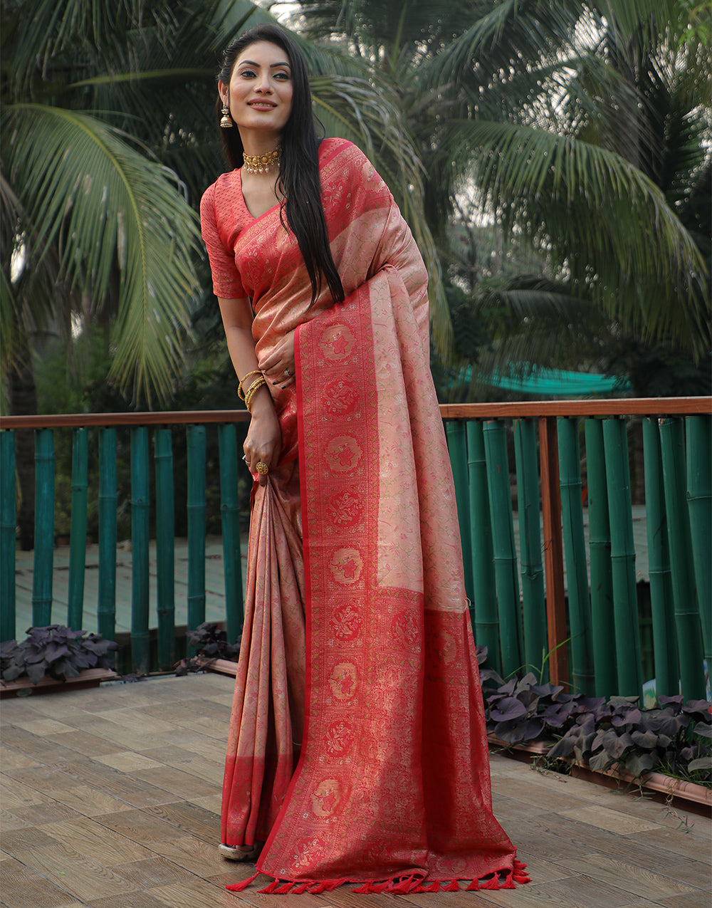 Orange Peach Kanjivaram Soft Silk Saree With Weaving Work