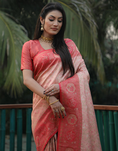 Orange Peach Kanjivaram Soft Silk Saree With Weaving Work