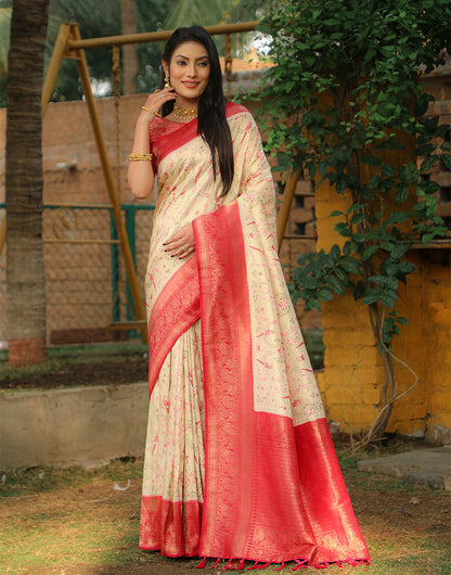 Dark Cream & Pink Kanjivaram Silk With Weaving Saree