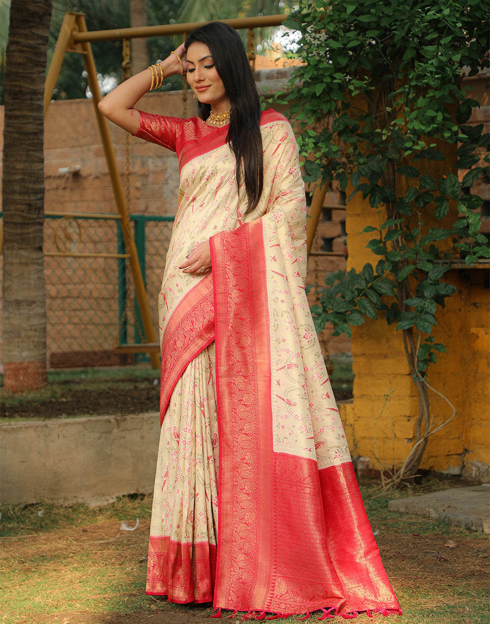 Dark Cream & Pink Kanjivaram Silk With Weaving Saree