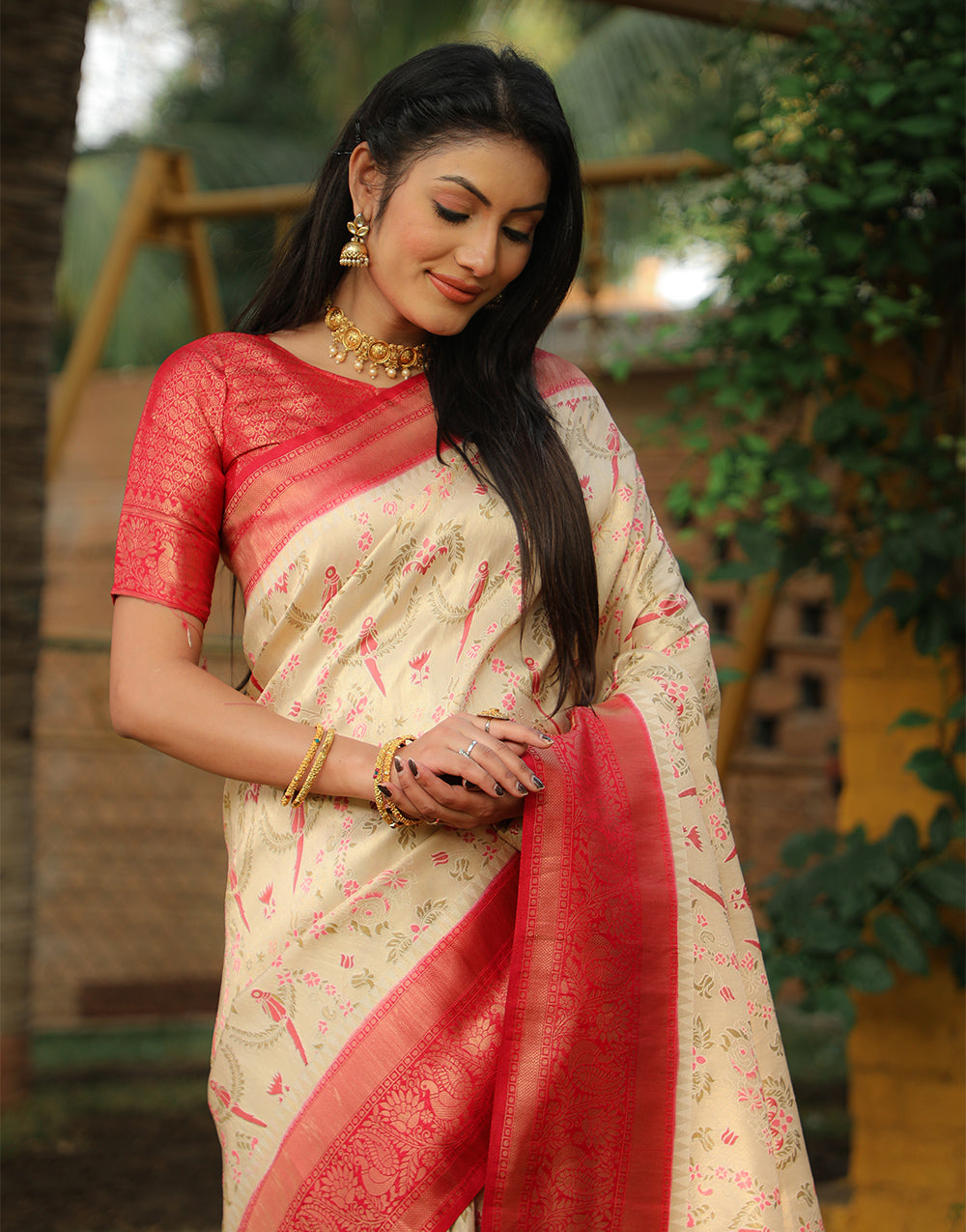 Dark Cream & Pink Kanjivaram Silk With Weaving Saree